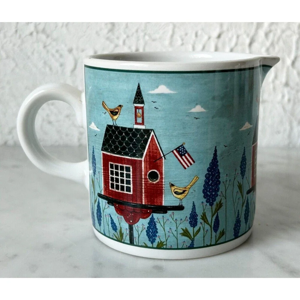 Vintage Sakura Stoneware Creamer Birdhouse Blue Red Warren Kimble